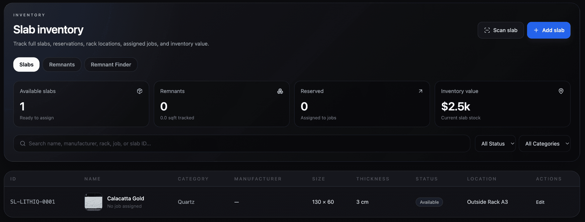Slab inventory tracking in Lithiq OS