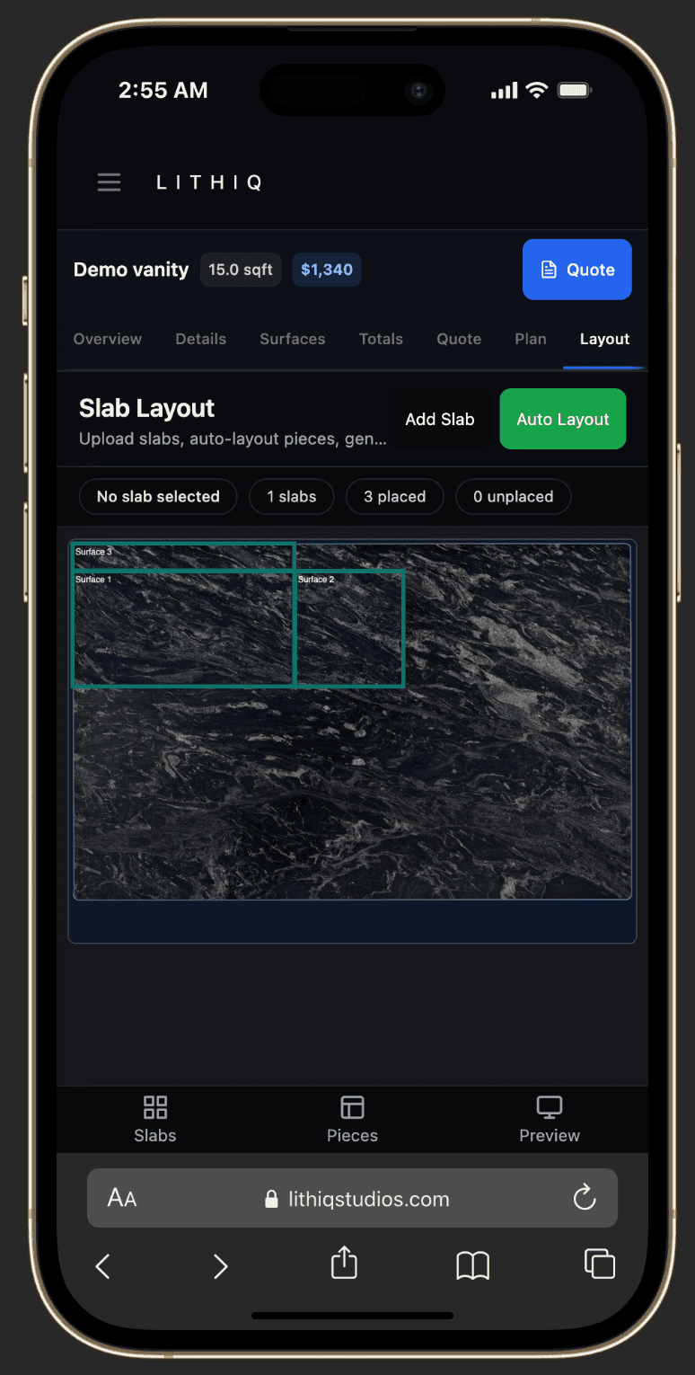 Lithiq OS on mobile — surface layouts from the shop floor