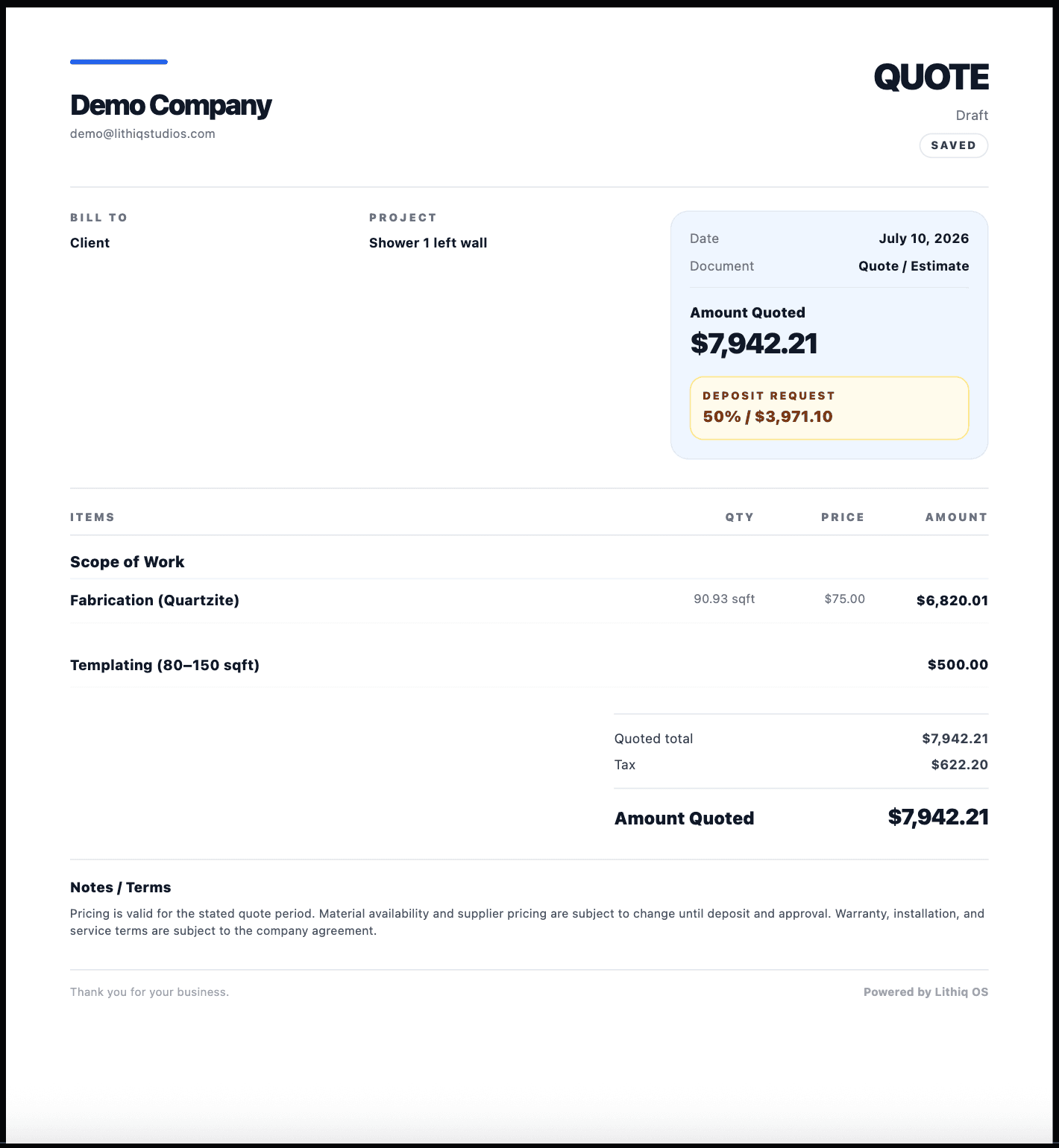 Estimating and invoicing connected in Lithiq OS