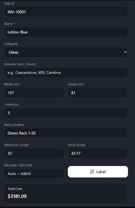 Slab inventory edit view in Lithiq OS